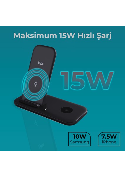 Bxmw1 2’si 1 Arada iPhone 12/13/14/15 Apple Watch Uyumlu Akıllı Telefon ve Tws Kulaklıklar Için 15W Qi Kablosuz Şarj Cihazı Stand Siyah