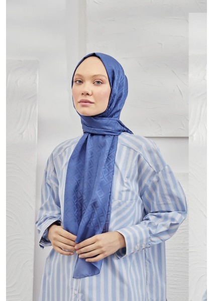 Armanda Italyan Jakar Geometrik Desen Şal - Yeni Jakarlı Trend Şal Scarf - Indigo