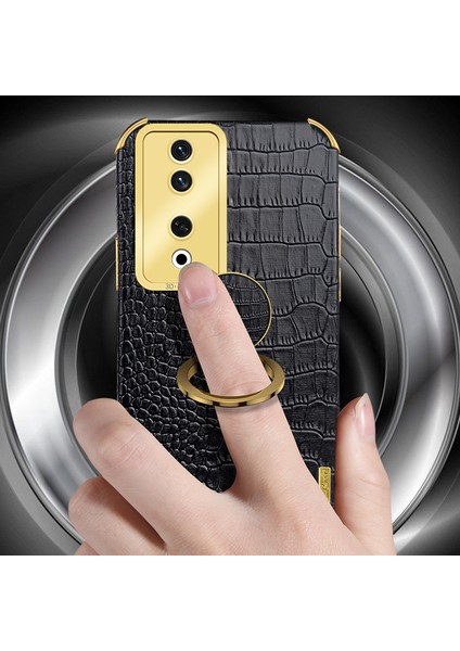 Honor 90 Timsah Doku Deri+Tpu Yüzük Kickstand ile Düşme Koşullu Kabuk (Yurt Dışından)