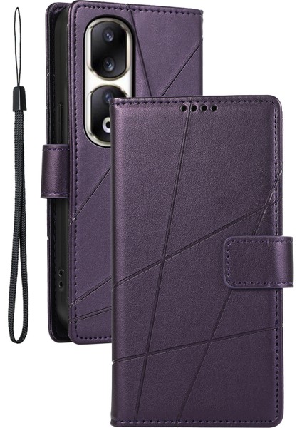Honor 90 Pro Vaka Çizgileri Strap ile Pu Deri Telefon Kapağı (Yurt Dışından)