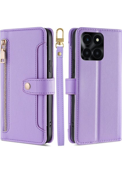Honor X6A 4g Kasa Zipper Cüzdan Deri Telefon Stand Kapağı Uzun ve Kısa Kayış (Yurt Dışından)