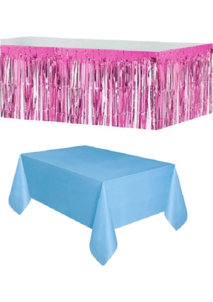 Plastik Mavi Masa Örtüsü - Pembe Metalize Masa Eteği Püskülü