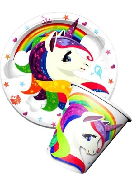 Unicorn Temalı 8 Kişilik Tabak Bardak Seti Doğum Günü Partisi
