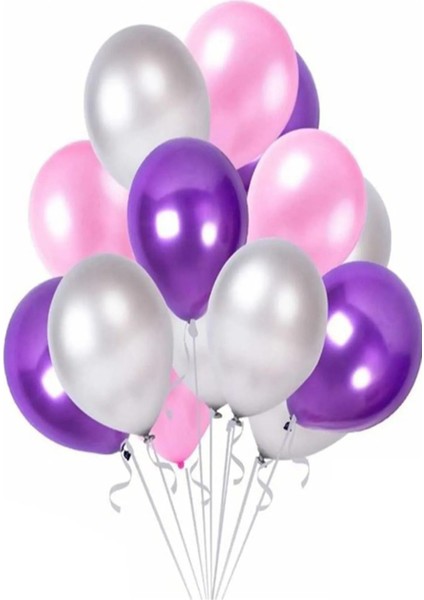 100 Adet Metalik Sedefli Mor-Pembe-Gümüş Helyumla Uçabilen Balon