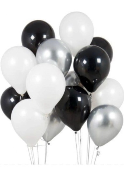 90 Adet Metalik Sedefli Beyaz-Siyah-Gümüş Gri Helyumla Uçabilen Balon
