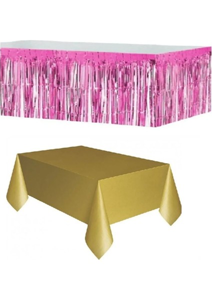 Plastik Gold Masa Örtüsü - Pembe Metalize Masa Eteği Püskülü