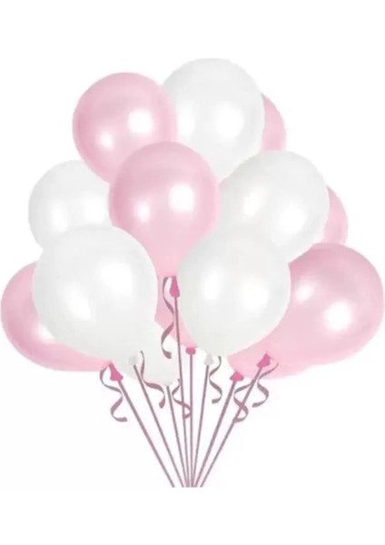 20 Adet Metalik Sedefli Parlak Pembe ve Beyaz Balon