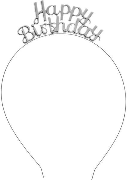 Happy Birthday Gümüş Yazılı Metal Parti Taç 18 cm Doğum Günü Gri Renk Parti Tacı