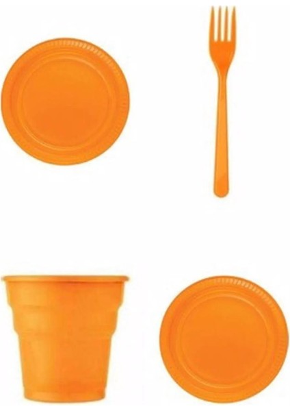 Turuncu Renk Plastik Tabak, Bardak, Çatal Seti Parti Piknik Seti