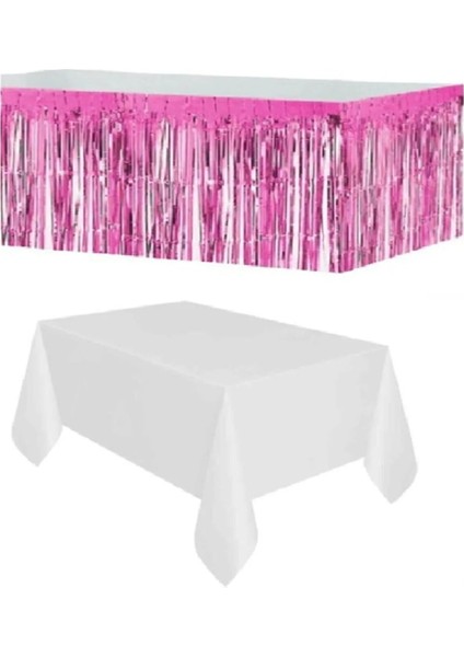 Plastik Beyaz Masa Örtüsü - Pembe Metalize Masa Eteği Püskülü