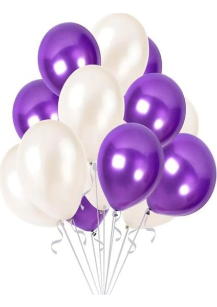 50 Adet Metalik Sedefli Parlak Mor Ve Beyaz Balon