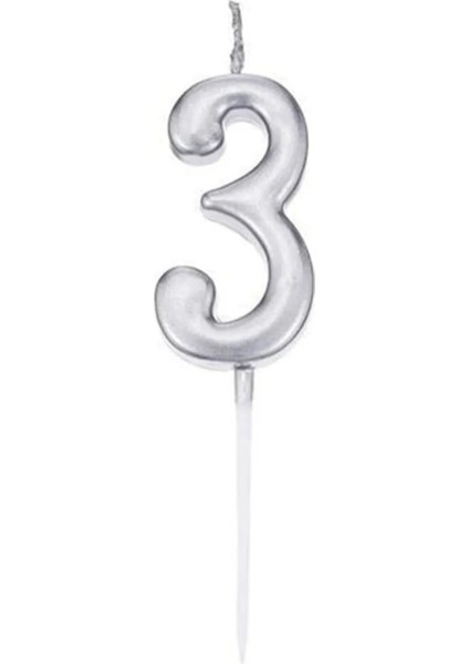 3 Yaş Gümüş Rakam Mum Gri Renk Doğum Günü Pasta Mumu Yaş Mumu 12 cm