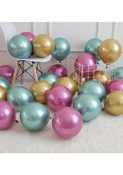 30 Adet Krom Parlak Metalik Yeşil-Pembe-Gold Renk Balon