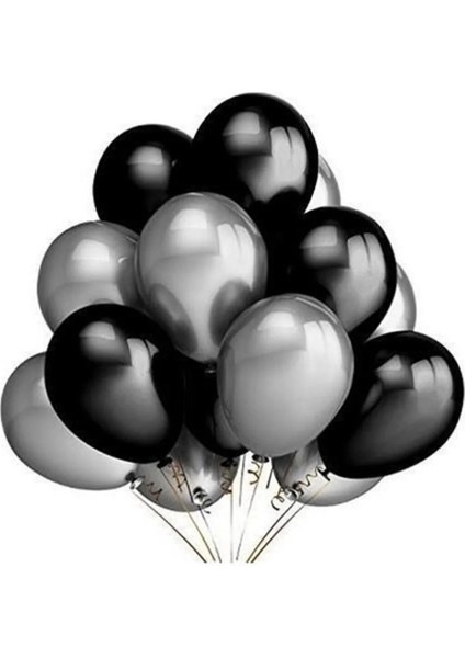 100 Adet Metalik Sedefli Siyah-Gümüş Gri Helyumla Uçabilen Karışık Balon