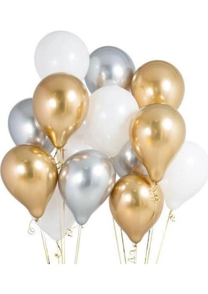 40 Adet Metalik Sedefli Gold-Gümüş Gri-Beyaz Helyumla Uçabilen Parlak Balon