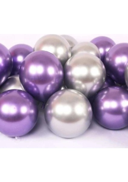 Krom Parlak Metalik Mor-Gümüş Renk 10 Adet Balon