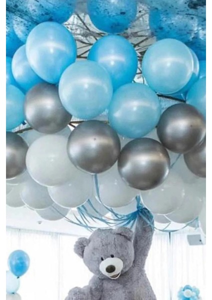 50 Adet Metalik Açık Mavi - Beyaz - Gümüş Gri Helyumla Uçabilen Balon Parlak Sedefli