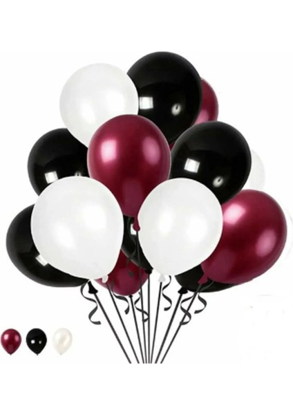 60 Adet Metalik Sedefli Beyaz-Siyah-Bordo Helyumla Uçabilen Balon