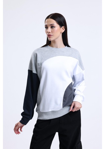 Gri Melanj Parçalı Bisiklet Yaka Sweatshirt