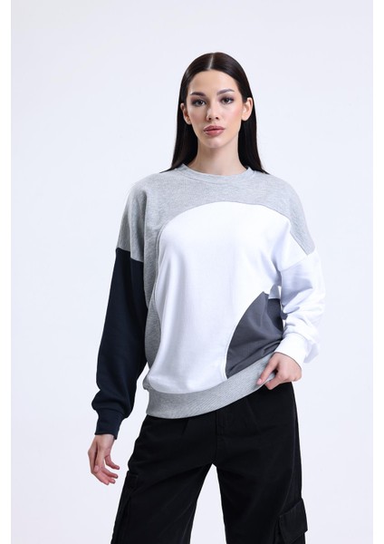 Gri Melanj Parçalı Bisiklet Yaka Sweatshirt