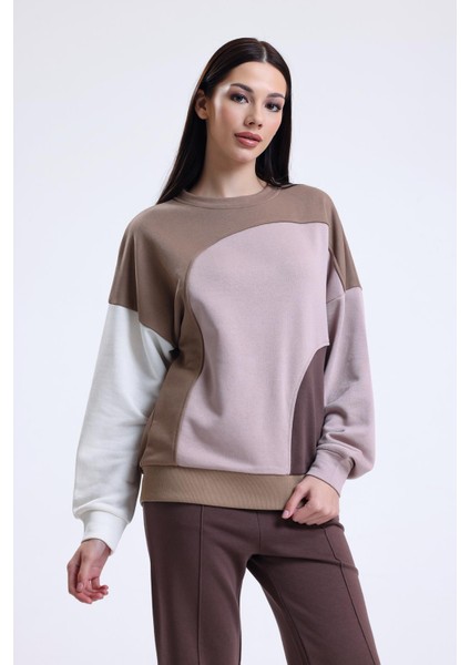 Camel Parçalı Bisiklet Yaka Sweatshirt