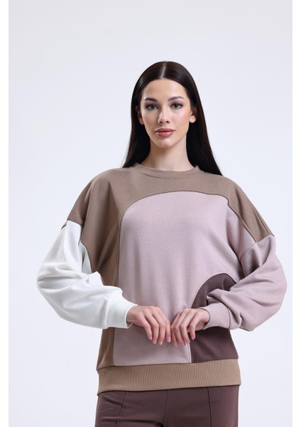 Camel Parçalı Bisiklet Yaka Sweatshirt