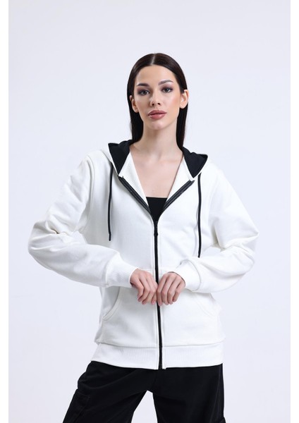 Ekru Kapüşonlu Fermuarlı Hırka indirimleri