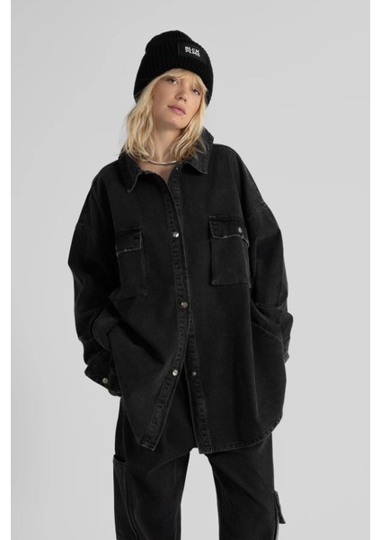 Siyah Oversize Denim Gömlek