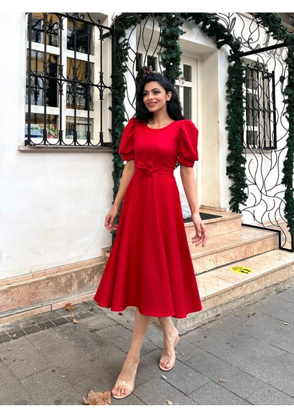 Karpuz Kollu Kırmızı Krep Midi Boy Kloş Elbise fiyatları