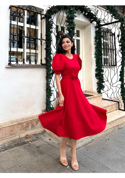 Karpuz Kollu Kırmızı Krep Midi Boy Kloş Elbise modelleri