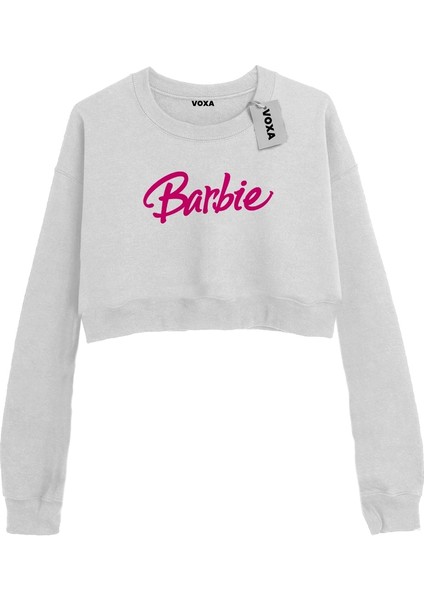 Basic Crop Bisiklet Yaka Uzun Kollu Barbie Yazılı Beyaz Sweatshirt