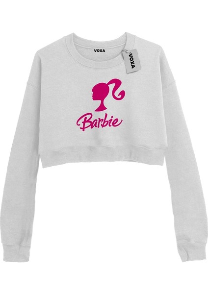 Basic Crop Bisiklet Yaka Uzun Kollu Barbie Baskılı Beyaz Sweatshirt