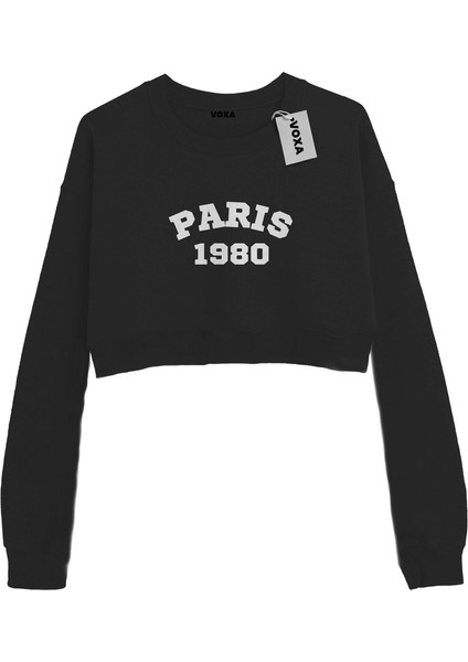 Basic Crop Bisiklet Yaka Uzun Kollu Paris Yazılı Siyah Sweatshirt