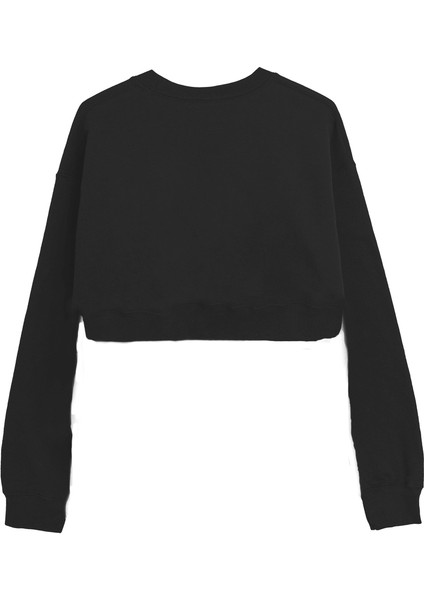 Basic Crop Bisiklet Yaka Uzun Kollu Paris Yazılı Siyah Sweatshirt