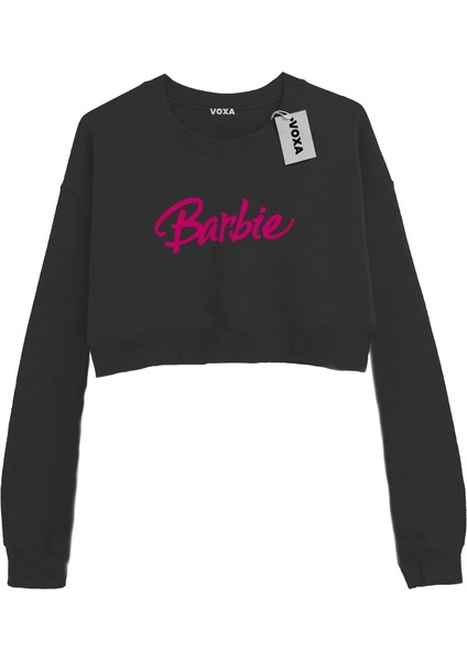 Basic Crop Bisiklet Yaka Uzun Kollu Barbie Yazılı Siyah Sweat