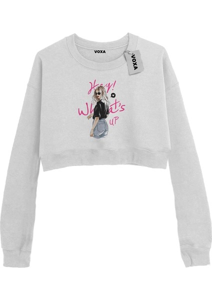 Basic Crop Bisiklet Yaka Uzun Kollu Hey Whats Up Beyaz Sweatshirt