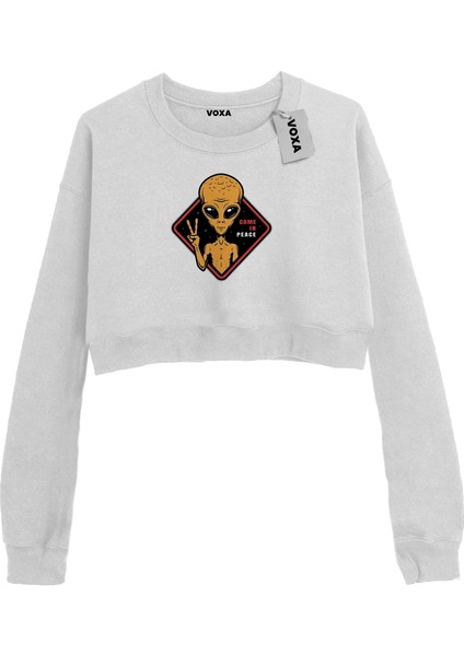 Basic Crop Bisiklet Yaka Uzun Kollu Alien Sweatshirt