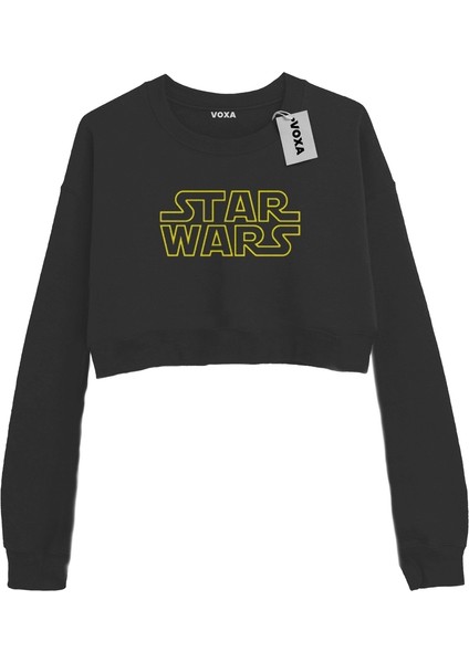 Basic Crop Bisiklet Yaka Uzun Kollu Star Wars Yazılı Siyah Sweat