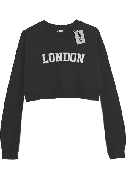 Basic Crop Bisiklet Yaka Uzun Kollu London Yazılı Sweat