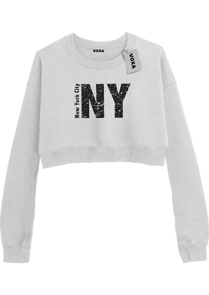 Basic Crop Bisiklet Yaka Uzun Kollu New York Baskılı Sweat