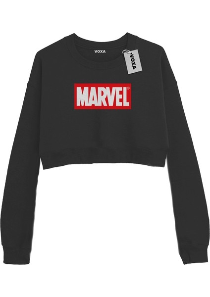 Basic Crop Bisiklet Yaka Uzun Kollu Marvel Yazılı Siyah Sweat