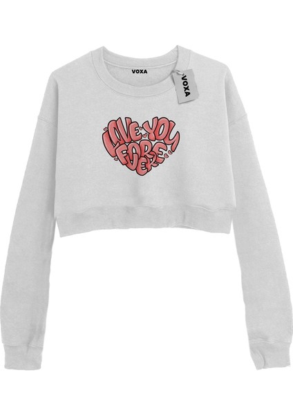 Basic Crop Bisiklet Yaka Uzun Kollu Love Desenli Sweat