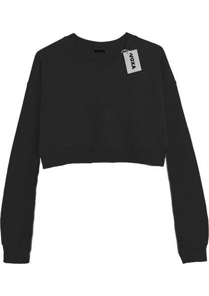 Basic Crop Bisiklet Yaka Uzun Kollu Siyah Sweatshirt