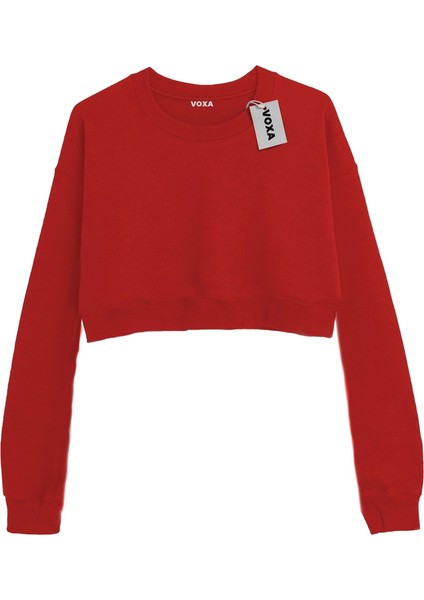 Basic Crop Bisiklet Yaka Uzun Kollu Kırmızı Sweatshirt