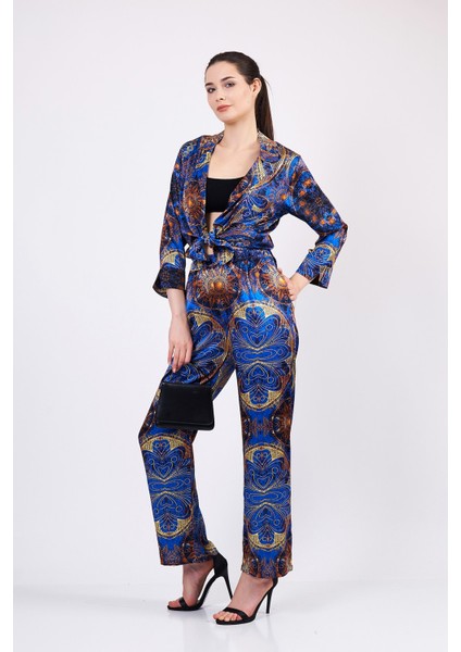 Saf İpek Pijama Takımı Mandala Desen Saks Mavi Nomads Felt