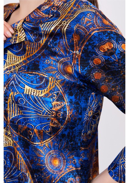 Saf İpek Pijama Takımı Mandala Desen Saks Mavi Nomads Felt