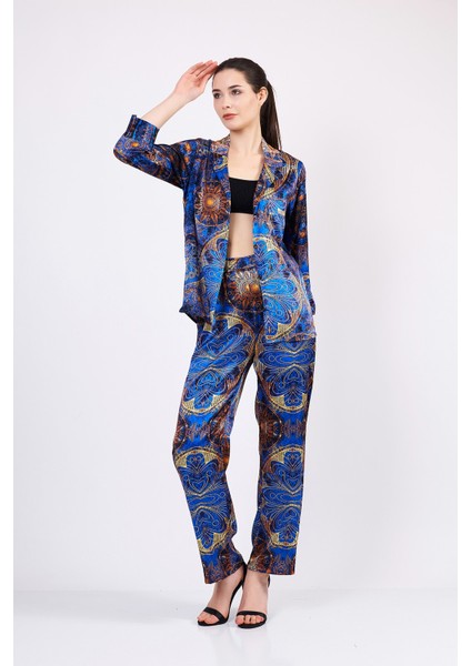 Saf İpek Pijama Takımı Mandala Desen Saks Mavi Nomads Felt