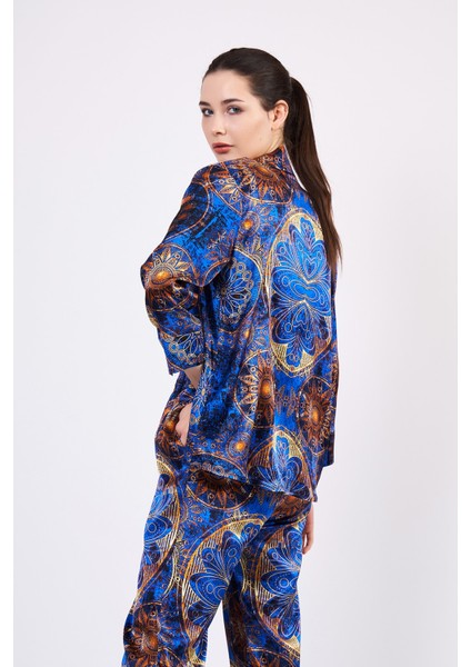 Saf İpek Pijama Takımı Mandala Desen Saks Mavi Nomads Felt