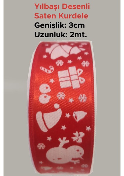 3cm x 2mt Yılbaşı Desenli Kırmızı Renk Saten Kurdele