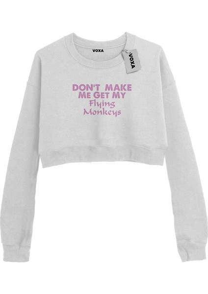 Basic Crop Bisiklet Yaka Uzun Kollu Beyaz Dont Make Yazılı Sweatshirt